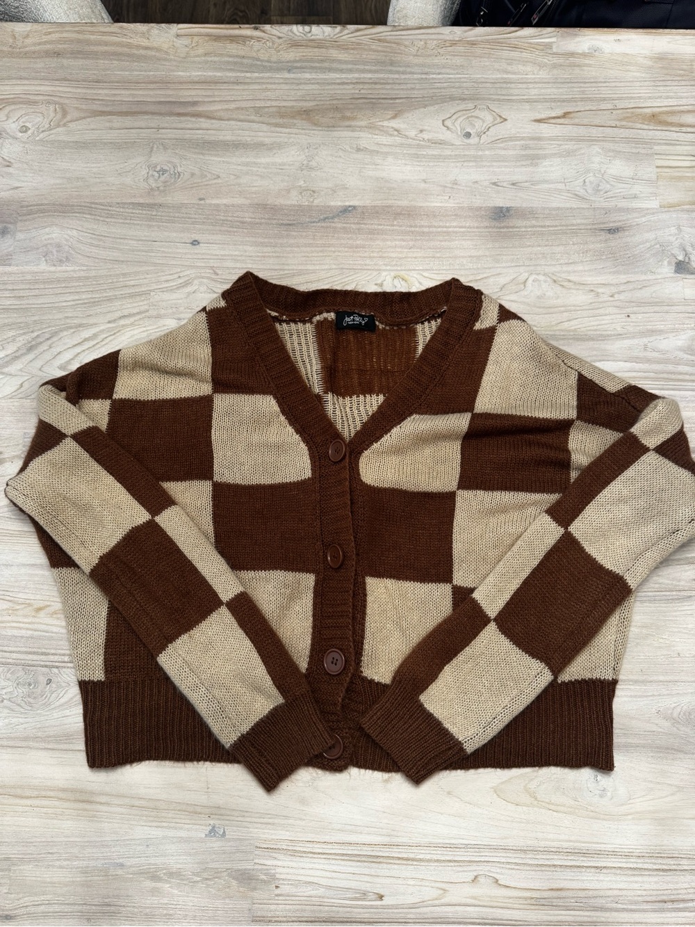 Checkerboard V-Neck Button Cardigan Sweater - Brown & Cream